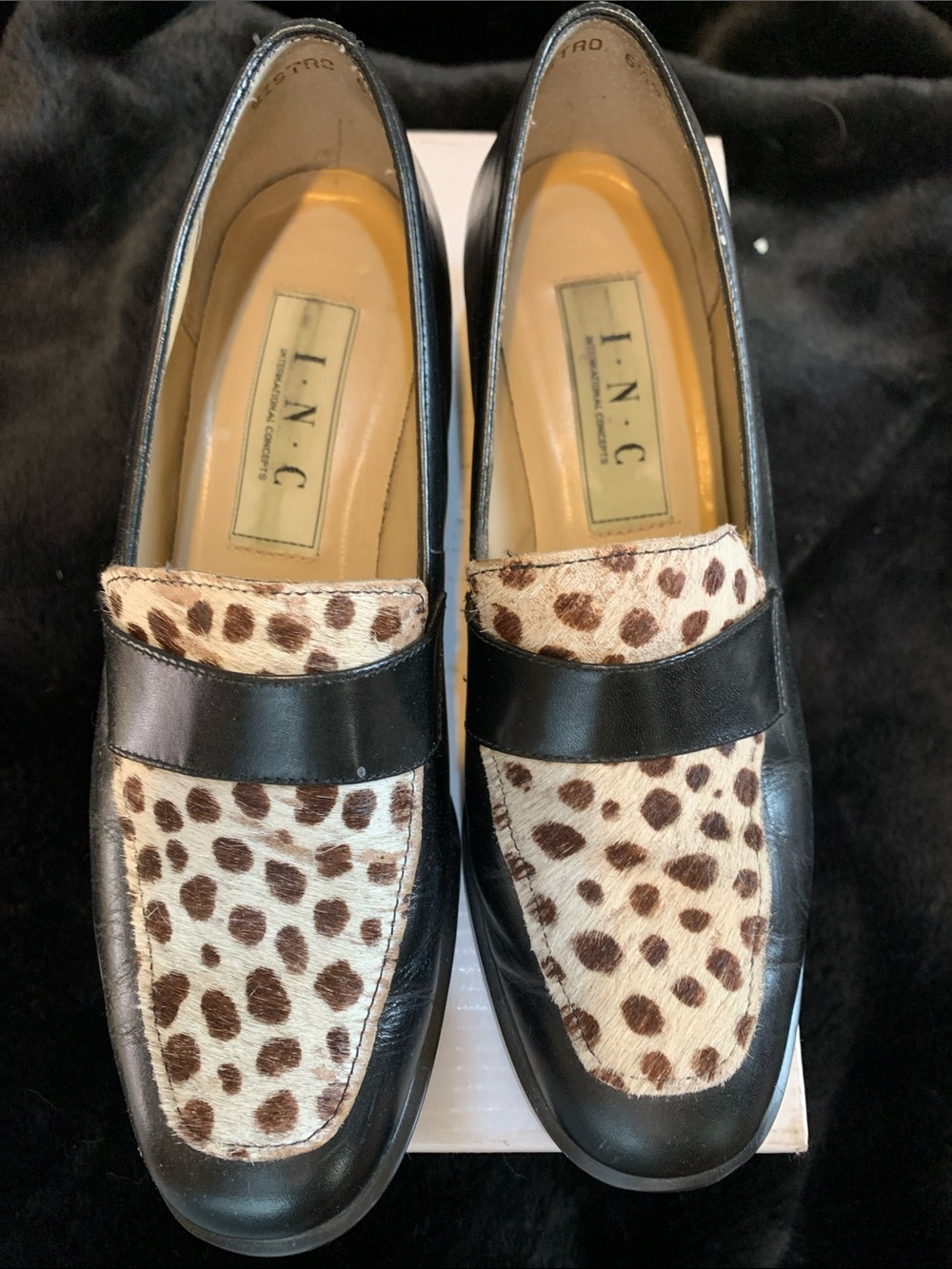INC International Concepts Black Leather calf skin hairLoafers with Tan Insole